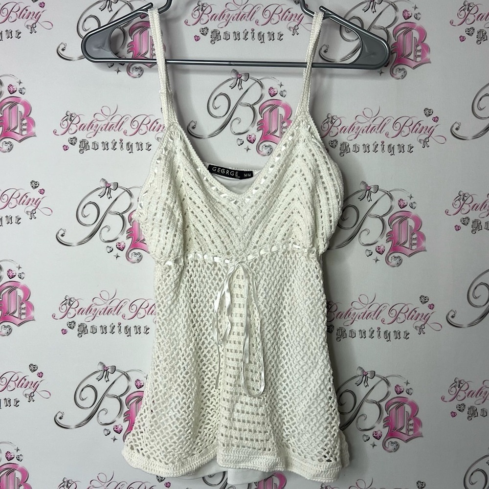 George tank top bow ribbon crochet knit Cream Ribbed Tie Front Camisole